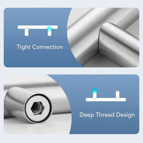 Detail view of tight connection and deep thread design on satin nickel cabinet pulls, part of the 30 Pack 4 Inch Satin Nickel Cabinet Pulls for Kitchen Cabinets with Six And Three Eighths Inch Overall Length And Four Inch Center To Center Mounting One Half Inch Diameter And One And Quarter Inch Projection.