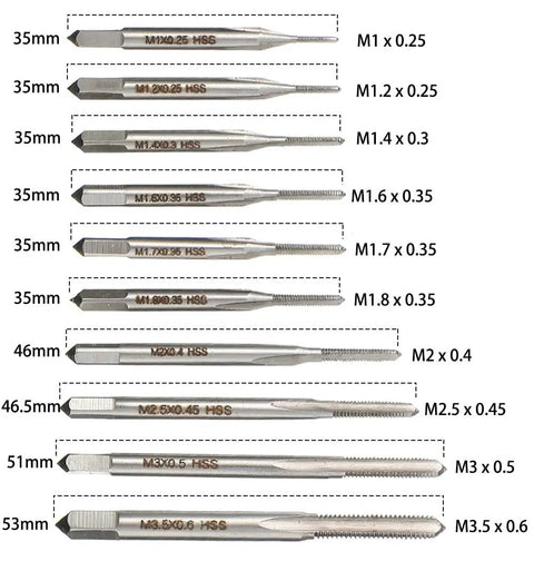 Tap Micro Compact 10 Piece Pro Grade HSS Micro Tap Set M1 To M3....
