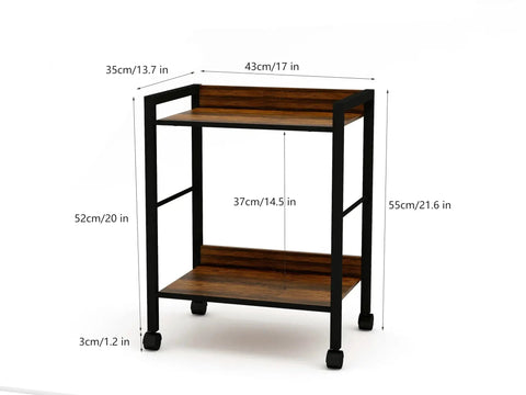 Two Tier Rolling Utility Cart With Brown Wood Shelves And Black Metal Frame On Wheels For Kitchen, Office, Bathroom And Living Room.