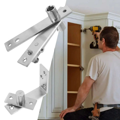 Heavy Duty Stainless Steel Door Pivot Hinges Set Hidden Rotating Hardware being installed on a cabinet by a man with a drill