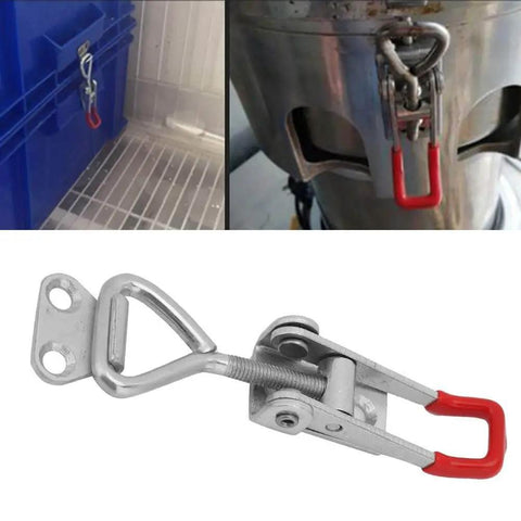 Two-Piece Quick Release Toggle Clamp Set 12130 Vertical Hold-Down Clamps, 500 Lbs Holding Capacity shown installed and close-up.