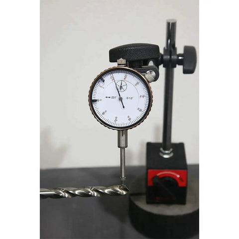 Rugged Dial Indicator With Magnetic Base And Fine Adjustment, 0 To 1.0 Inch Range, 0.001 Inch Precision Dial Test Indicator Kit For Pro Grade Industrial Work, Real Steel Housing, Heavy Duty Gauge Tool By Nortools showing side view of tool setup on magnetic base