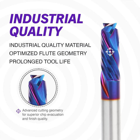 Close-up of Compression Spiral CNC Router Bit 5 Pack Set With NACO Coated Solid Carbide End Mills, showing industrial quality material.