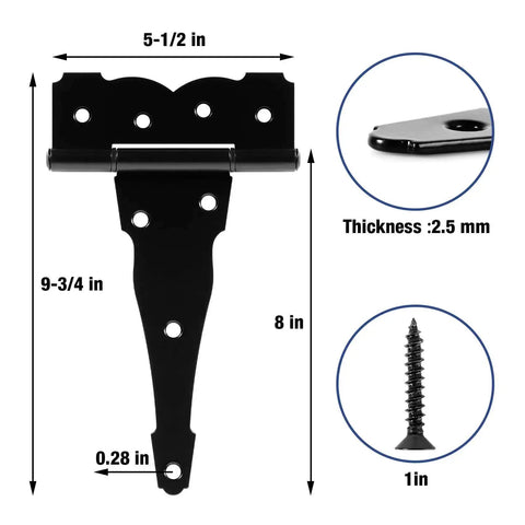 Diagram of 6 Pack Heavy Duty 8 Inch T Strap Barn Door Hinges 2.5mm Thick Steel with dimensions and screw details.