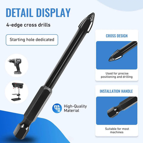 High-quality 4-edge cross drill bit with starting hole dedicated, shown with cross design and installation handle details.