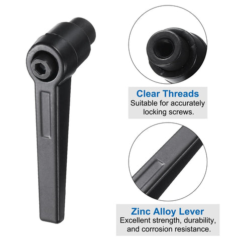 Close-up of 4 Piece Set Of Adjustable Clamping Levers With M5 Female Thread Level Handles Hand Knobs Quick Release Black for milling machines.