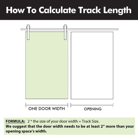 Diagram showing how to calculate track length for sliding barn doors with a formula and measurements for one door width and opening.