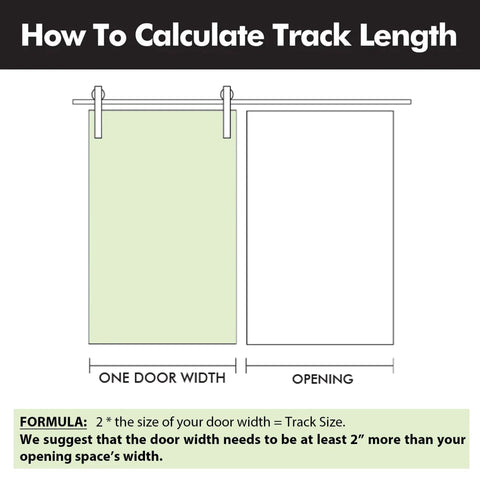 Illustration showing how to calculate track length for Black Rustic Sliding Barn Door Hardware Kit For One Door 5ft Flat Track Classic Roller System Heavy Duty Built To Last Carbon Steel With Black Powder Coat Ideal For Interior And Exterior Use, including door width and opening measurements.