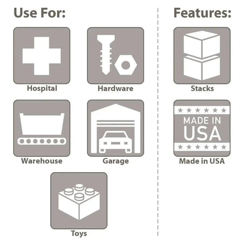 Icons showing uses and features of a storage container: hospital, hardware, warehouse, garage, toys, stackable, made in USA.