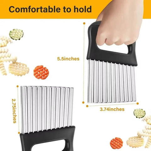 Crinkle Cutter Knife Set Two Pack Stainless Steel Vegetable Peeler And Wavy Chopper Slicer For Potatoes Carrots, shown in hand
