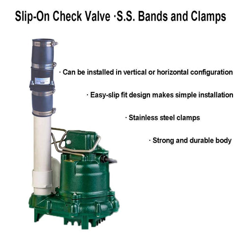 Sump pump check valve, plastic, 2 inch, with stainless steel clamps.
