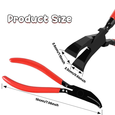 Two Pack Hand Seamers For Sheet Metal Pliers Set With 45 Degree And Straight Jaws, display of red handle and size measurements