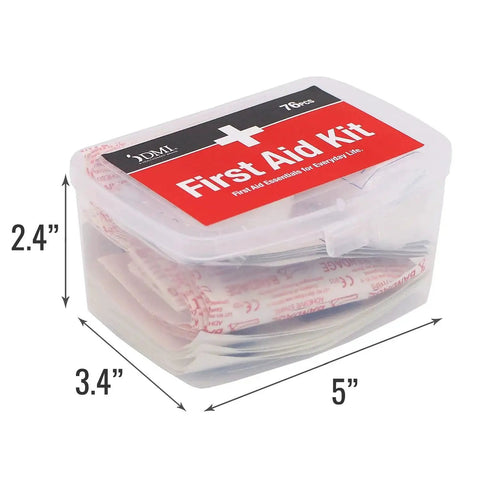 Portable 76 Piece First Aid Kit For Home Car Travel And Office In A Water Resistant Case with dimensions 5x3.4x2.4 inches
