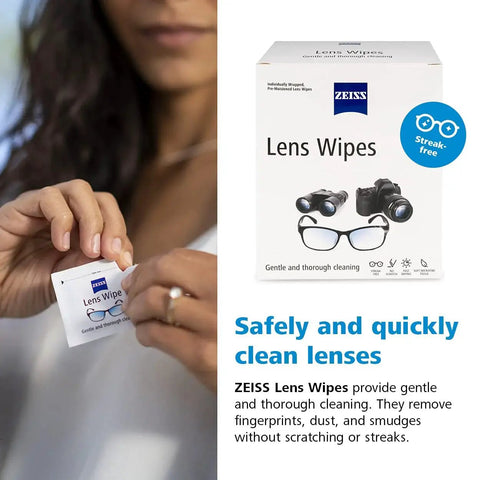 Person holding ZEISS Pre-Moistened Lens Cleaning Wipes 200 Count For Glasses And Sunglasses next to product box with wipes and text