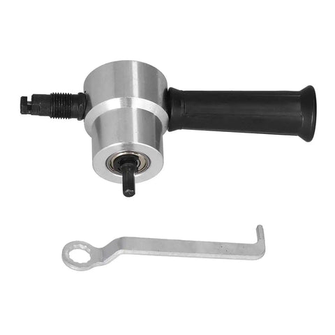 Dual Head Metal Cutter Drill Attachment with High Speed Steel Blades and 360 Degree Adjustable Handle, shown with wrench