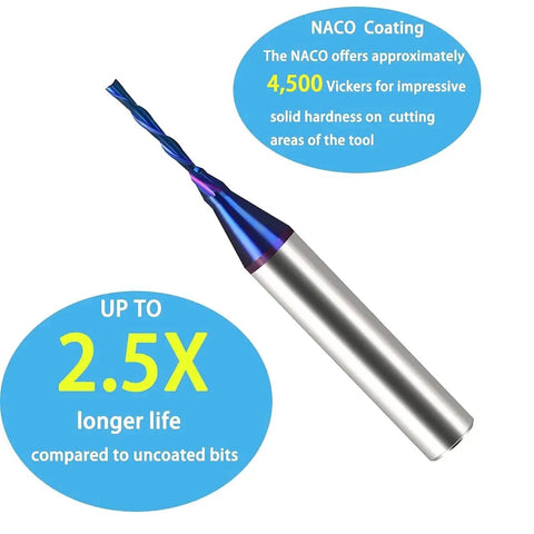 Carbide Plunge Down Cut End Mill For Wood One Sixteenth Inch Cutting Diameter One Quarter Inch Shank Two Inch Overall Length With Nanco Blue Coating CNC Router Bit For Wood Carving Engraving BRD222 DashHound Two Pack with Naco coating and longevity details.