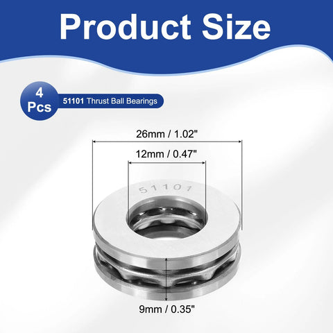 Thrust ball bearings set, 12x26x9 mm, 4 pcs, chromium steel (GCr15), silver