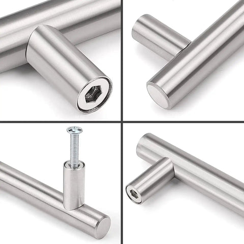 Close-up views of Two Pack Round Bar Cabinet Pulls Euro Style T Bar Handles with stainless steel brushed finish, 3-inch center to center.