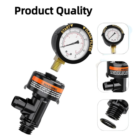 Air relief valve for pool filters, black plastic body with brass threaded inlet, pressure gauge, and O-ring