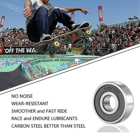Skater performing with 10 Pack 608 2RS Ball Bearings Double Rubber Sealed for Skateboards and Scooters, shown next to bearing image.