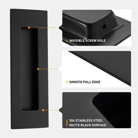 6 Inch Recessed Pocket Door Pull Matte Black 304 Stainless Steel showing invisible screw hole and smooth pull edge details