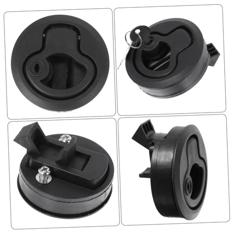 Four views of LIFKOME round black flush pull boat latch with locking mechanism; front, side, close-up, and installed.