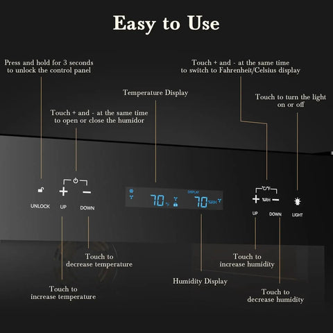 Instructions for controlling 65L Electric Cigar Humidor With Big 500 Count Capacity, Smart Temperature And Humidity Control, LED display
