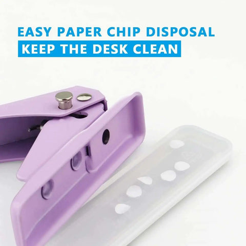 Heavy-Duty Single Hole Punch For Up To Fifteen Sheets, purple handheld metal punch with easy paper chip disposal feature.