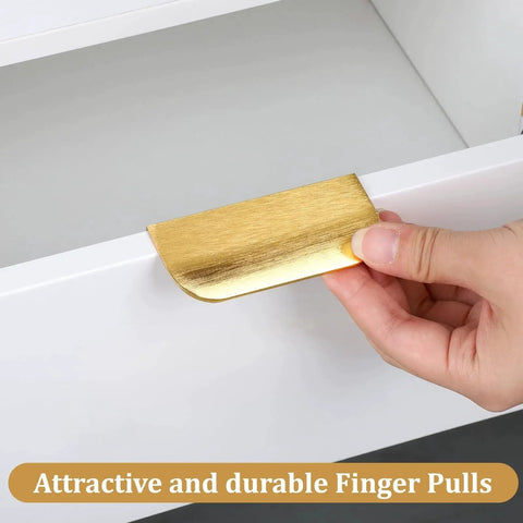 Gold Edge Finger Cabinet Pulls 3.15 Inch Aluminum Drawer Handles being installed on a white cabinet with hidden screws, satin gold finish.