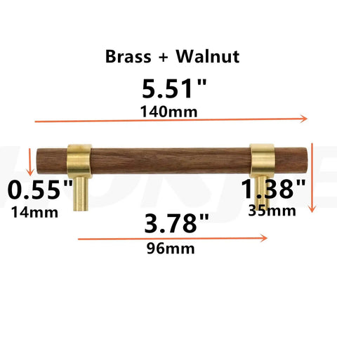 Two Hole 140mm Brass Walnut Drawer Pulls Set Of 4 With M4 Screws High Temperature Sealed Glaze Finish shown with dimensions