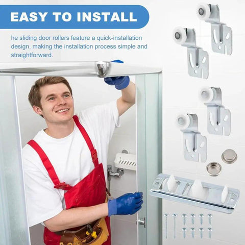 Person installing 5Pcs Closet Sliding Door Roller Hardware Kit For Wardrobe Doors With Slide Track Replacement Rollers For Top Hung Sliding Doors