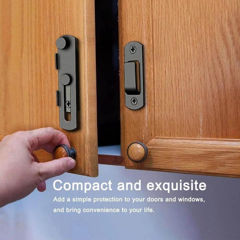 Two Pack Barn Door Lock With 180 Degree Flip For Privacy Durable Sliding Door Latch installed on wooden cabinet