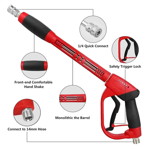 Diagram of upgraded pressure washer gun with 47-inch extension wand, quick connect, and comfortable grip shown in detail.