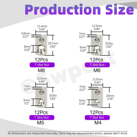 Diagram of Must Have 3030 Series Roll In Spring T Nuts Kit with dimensions for M4, M5, M6, M8 T Slot Nuts, 48 Pieces in total.