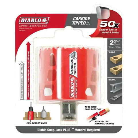 40 Percent Deeper Holes In One Pass Carbide Teeth Hole Saw For Wood And Metal With Snap Lock Plus Mandrel System And Tool Free Plug Ejection Two And Three Quarters Inch Diameter And Two And Three Eighths Inch Cutting Depth DHS2750CT Diablo