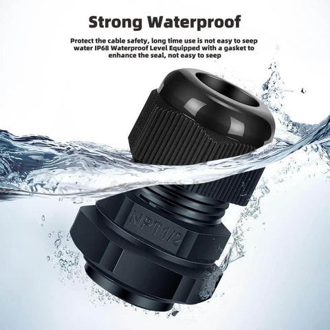 12 Pack 1/2 Inch NPT Cable Glands Waterproof Beefy Adjustable Strain Relief Connectors Nylon PA66 With Gaskets submerged in water