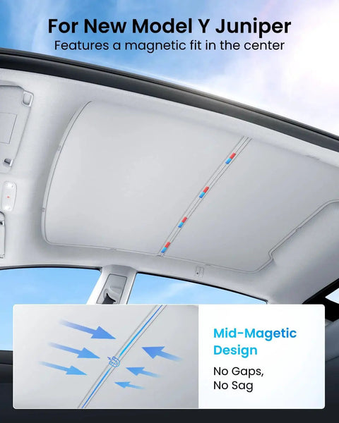 Model Y Juniper Glass Roof Sunshade Kit, Heat Insulation, Foldable 2 Pack Gray, installed view from interior.