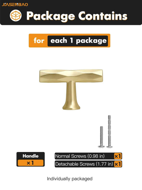 Brushed Gold Cabinet Knob package with one hammered brass handle, normal screw (0.98 in), detachable screw (1.77 in) included.