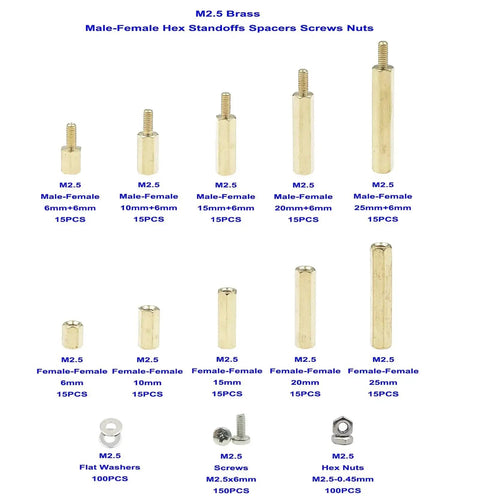 M2.5 Brass Hex Standoffs Spacers Kit With Male And Female Threads 500 Piece Assortment Of Screws Nuts Washers