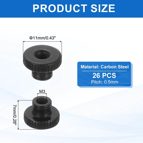 Knurled Thumb Nuts Set Of 26 M3x7mm Carbon Steel Round Knobs Fasteners With High Head Through Hole Hand Screws For 3D Printer Parts And Machinery Black Built Tough And Durable