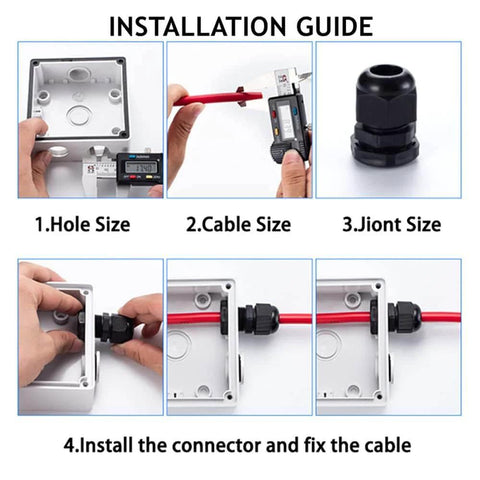 Installation guide for Three Quarter Inch NPT Nylon Cable Gland With Strain Relief And Adjustable Locknut Weatherproof IP68 Cord Connector Durable Gland For Outdoor And Industrial Use Pack Of 10 showing measurements and fitting process.