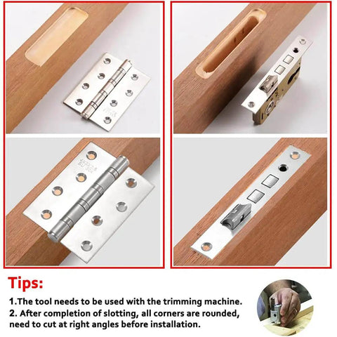 Aluminum Alloy Door Hinge Jig for Woodworking DIY Friendly Pro Grade Hole Opener and Slot Locator in use on wooden door