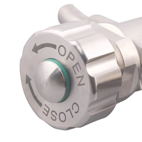 DERNORD stainless beer sampling valve with 1.5 inch tri-clamp end; front view showing OPEN/CLOSE knob.