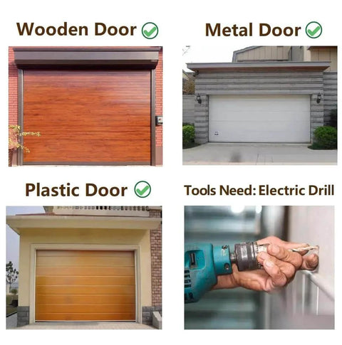 Wooden, metal, and plastic garage doors with a hand using an electric drill; Metal Garage Door Decorative Hardware Hinges Carriage House Accents Screw Mounted 6 Piece Set Black Braided Style Durable Steel Construction Anti Corrosion Finish For Stylish Long Lasting Curb Appeal