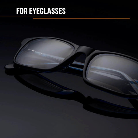 Black glasses on dark background with reflection, labeled 'For Eyeglasses', related to Set Of 6 Microfiber Cleaning Cloths For Glasses, Screens, Lenses And Devices.
