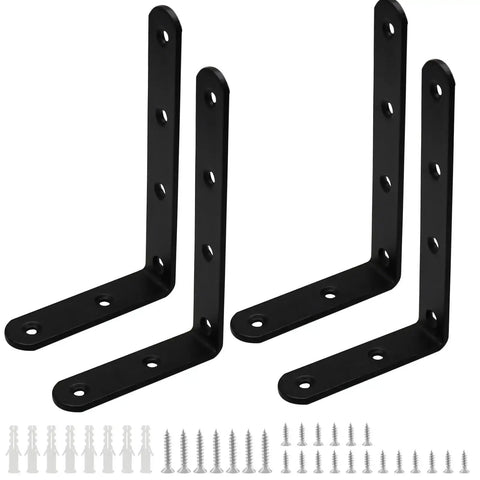 Beefy Heavy Duty Stainless Steel L Brackets For Shelves Set Of 4, L Shaped Corner Braces with screws and anchors, black finish.