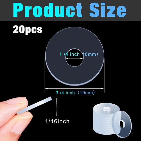 Clear Plastic Washers Three Quarters Inch Spacers One Sixteenth Inch Thick Twenty Pack For Glass Shower Door Handles And Towel Bar Hardware Vinyl Replacement Gasket No Fuss Premium DIY Replacement Parts For Glass Shower Doors featuring a hand holding one washer and dimensions displayed.