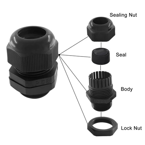 Two Pack Nylon Cable Glands One And A Quarter Inch NPT Waterproof Cord Grips exploded view showing sealing nut, seal, body, and lock nut.