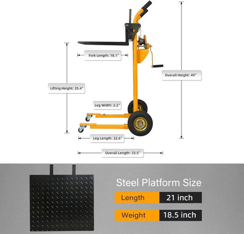 APOLLOLIFT manual material lift and pallet jack, yellow steel frame, 35.4 in lifting height, 18.1 in fork length