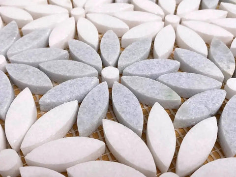 Close-up of Daisy Flower Pattern Marble Mosaic Tiles in Celeste Blue and Thassos White, polished finish by Tenedos